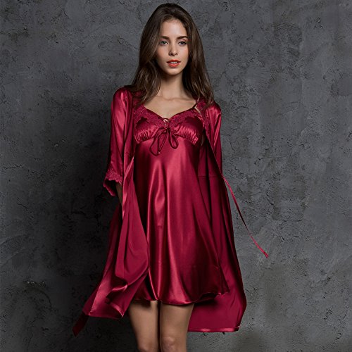 SUNBABY Burgundy Silk Satin Robe & Camisole Pajama Set (L)